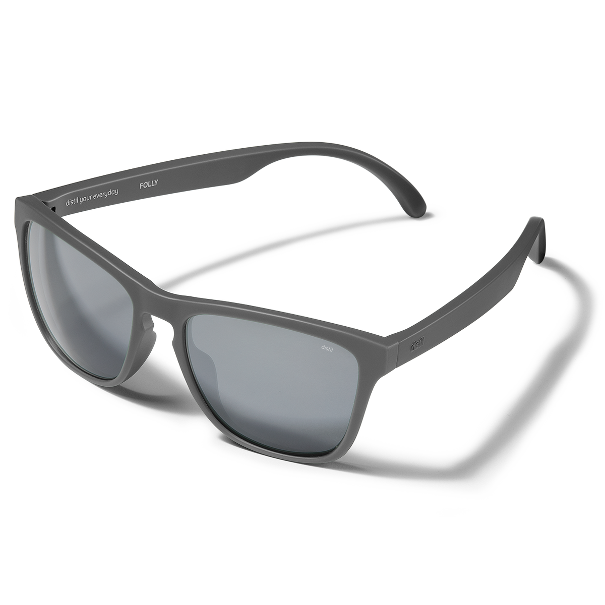 Distil Union Folly MagLock sunglasses in a gray wayfarer design and polarized lens on a white backdrop