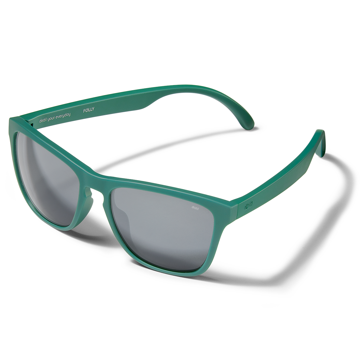 Distil Union Folly MagLock sunglasses in a turquoise wayfarer design and polarized lens on a white backdrop