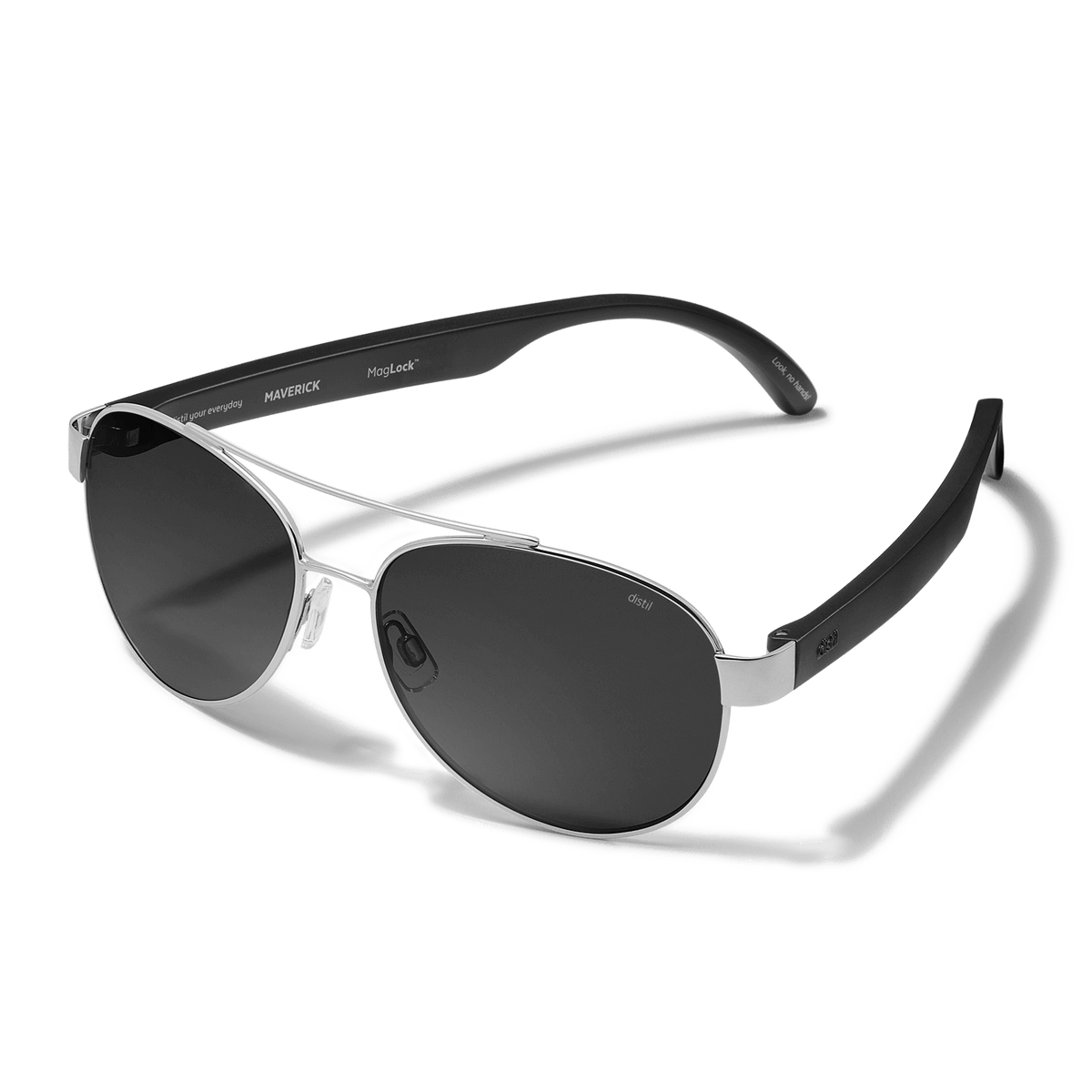 Distil Union Titanium Maverick MagLock Sunglasses in silver with black flex-to-fit arms and gray polarized lenses