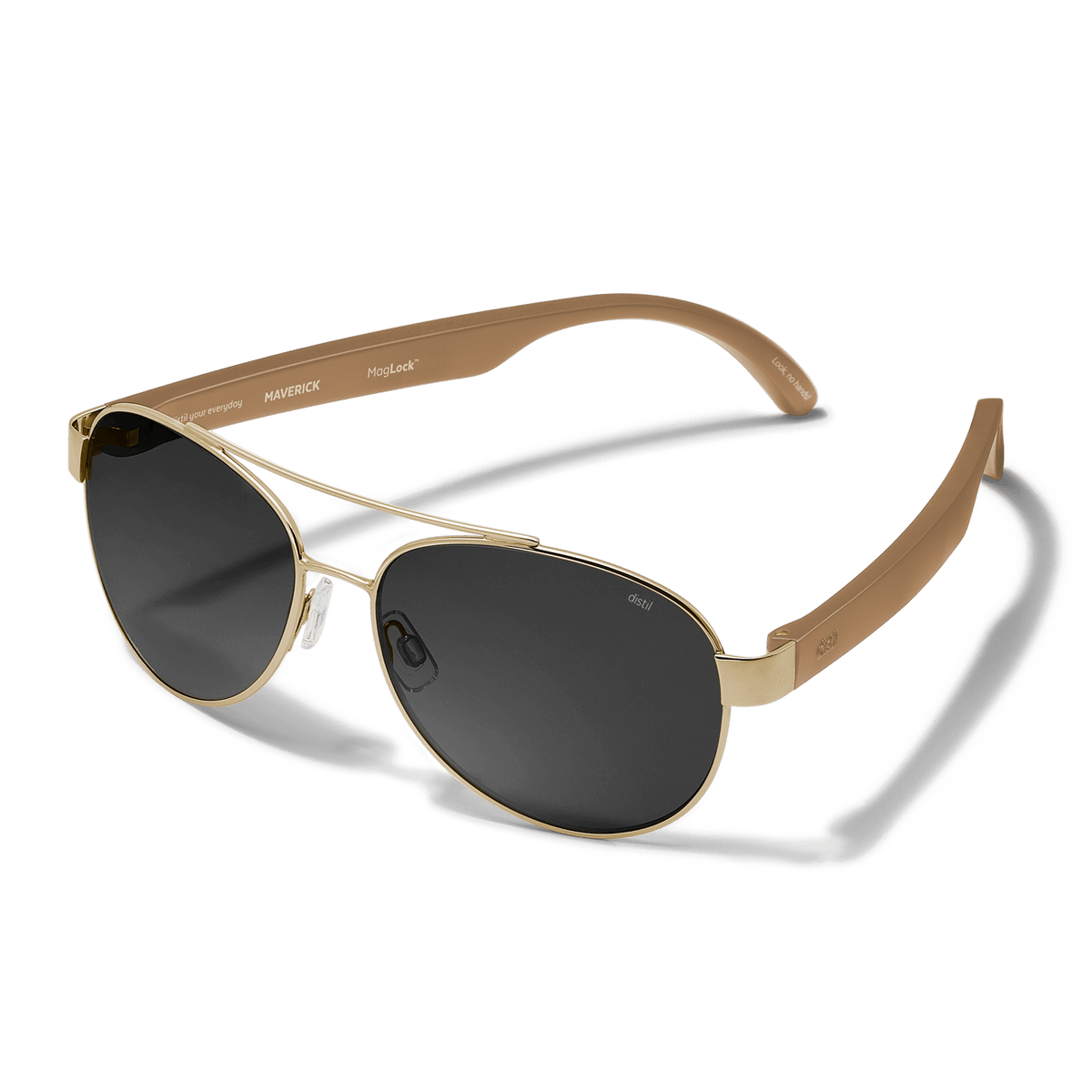 Distil Union Titanium Maverick MagLock Sunglasses in Gold with Sand Tan flex-to-fit arms and gray polarized lenses